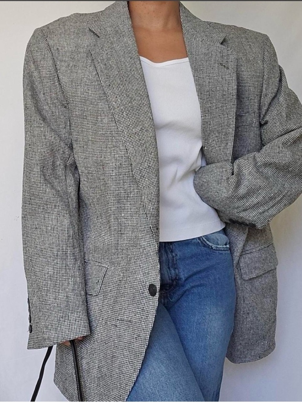 100% Silk Classic Gray Check Blazer  Oversized Jacket